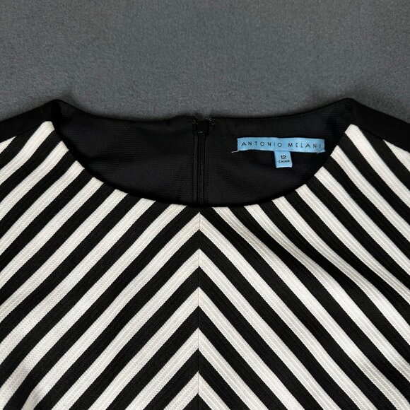 Antonio Melani 12 Black White Striped Round Neck 3/4 Sleeve Back Zip Dress - Picture 3 of 9